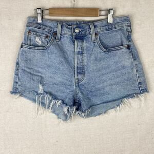 Levis 501 Jean Shorts Womens 28 Blue Denim Cuttoff Jorts Button Fly Distressed
